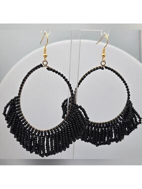 Ink + Alloy Handmade Fringe Hoop Seed Black Beads Kendra Earrings 3''